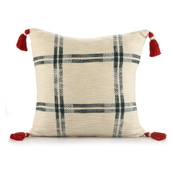 Ox Bay 20" x 20" Hand-Woven Cream/ Green Tartan/Plaid Organic Cotton Pillow Cover
