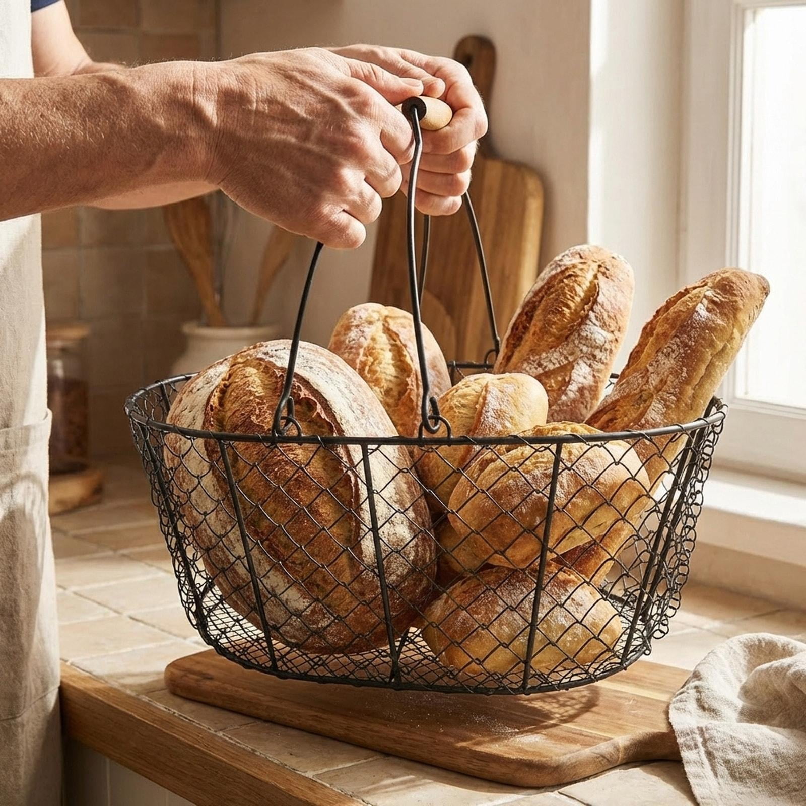 Fiocias Wire Storage Basket Large Capacity Bread Basket for Shopping Bathroom Picnic Black