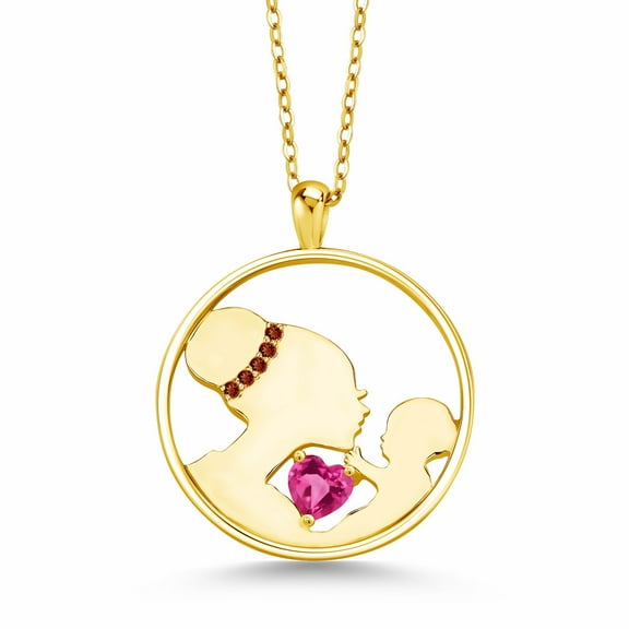 Gem Stone King Keren Hanan Mother 0.65 Ct Pink Created Sapphire Red Garnet 18K Yellow Gold Plated Silver Pendant Necklace for Women with 18 inch Silver Chain
