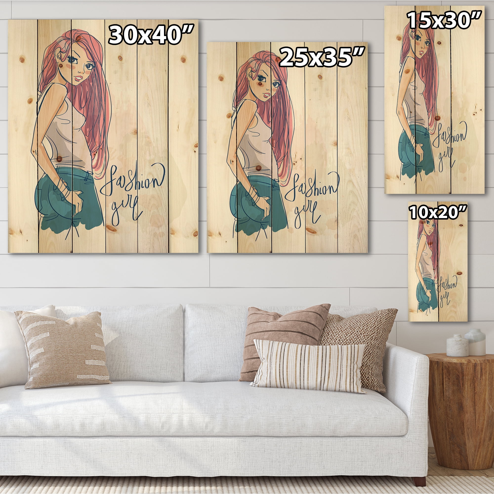 Designart 'Trendy Fashion Woman I' Children's Art Print on Natural Pine Wood