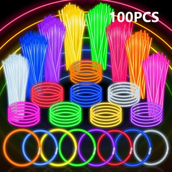 Glow Sticks,Party Supplies,100pk 8 Inch Glow in the Dark,Bulk Glow Sticks,Light Up Sticks,Party Favors, Glow Decorations, Neon Party Glow Necklaces and Glow Bracelets with Connectors.