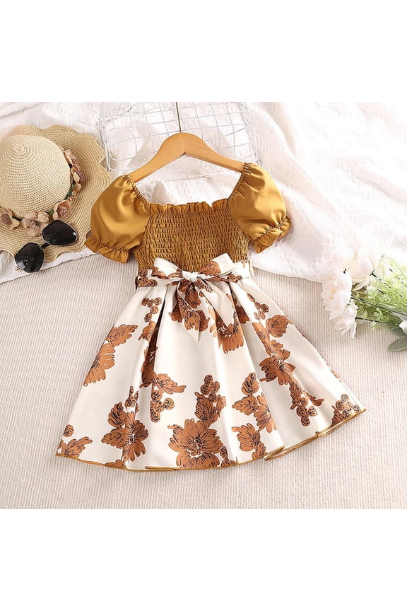 Toddler Girl Summer Polyester Dress Short Sleeve Dress Printed Princess Dress for 4T-7T