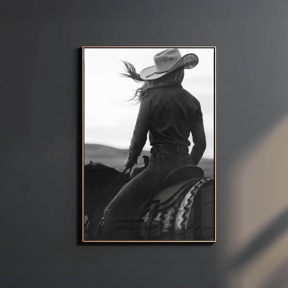 Black And White Cowgirl Riding Horse — Fine Art Western Wall Print, Rustic Ranch Photography, Cowboy Country Home Decor Poster Home Decor #3003, Unframed Poster Size 8x12