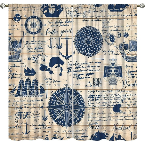 Rustic Barn Wood Panel Curtains, Ocean Nautical Anchor Compass Sailboat Ancient Words Quotes, Bedroom Living Room Decorative Curtains, Set of 2 Panels,52X84 Inch