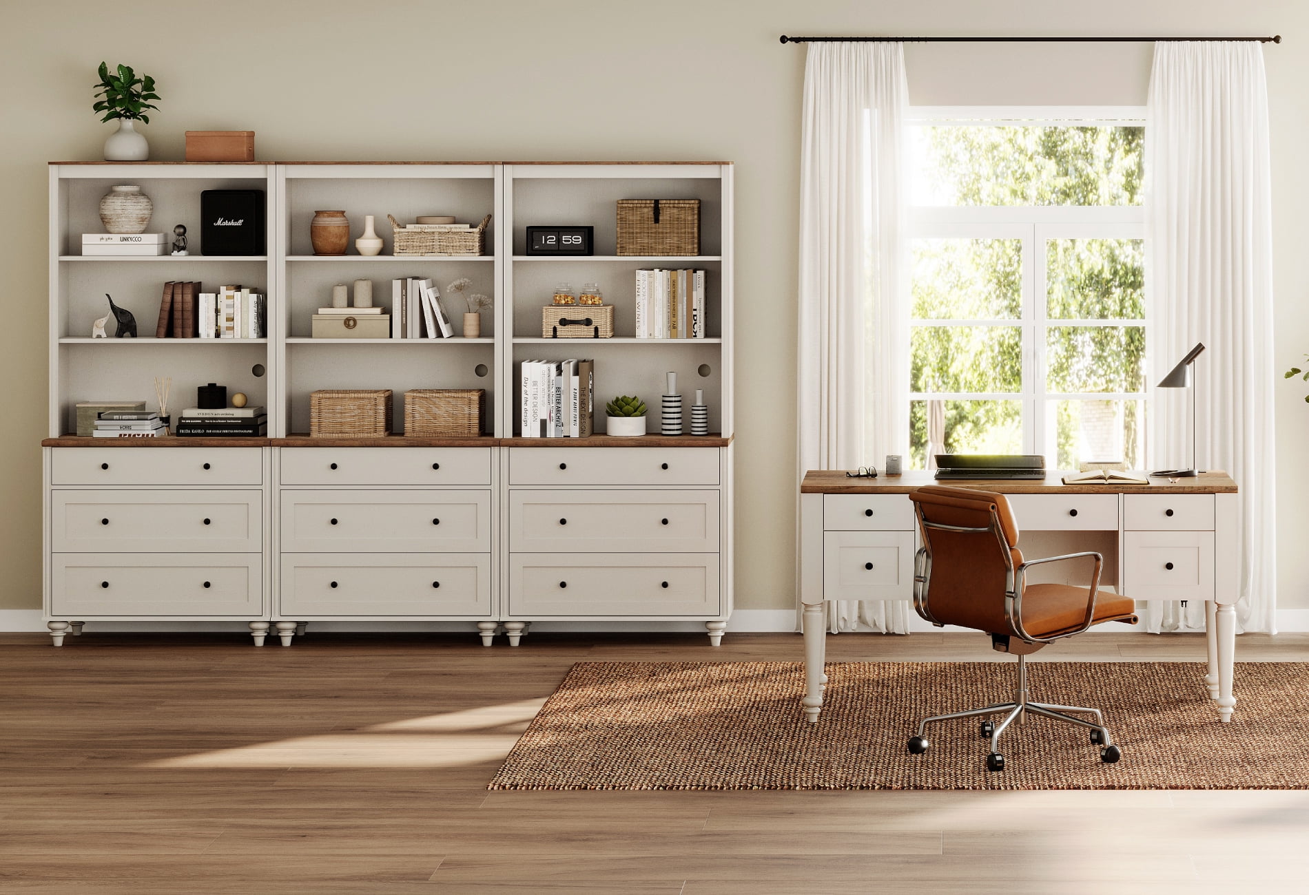 2 Piece Office Set, 56" Executive Desk & Set Of 3 Bookcases With Drawers, White