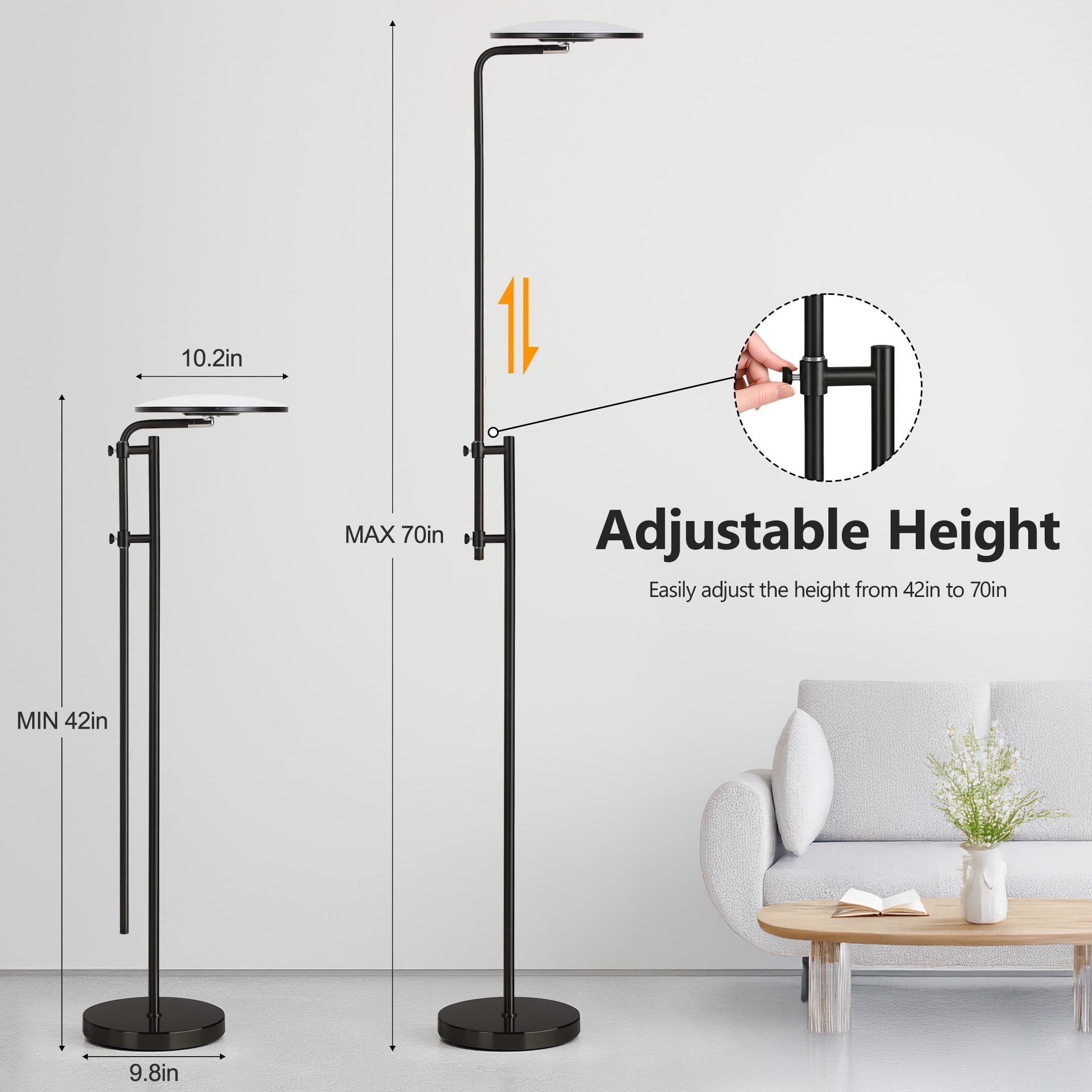SUNMORY 32W/3000LM Floor Lamp, Super Bright LED Floor Lamp with Remote Control, 70" Tall Standing Lamp with Height Adjustment 350°Rotating Head, Modern Stepless Dimmable Torchiere Reading Corner Lamp