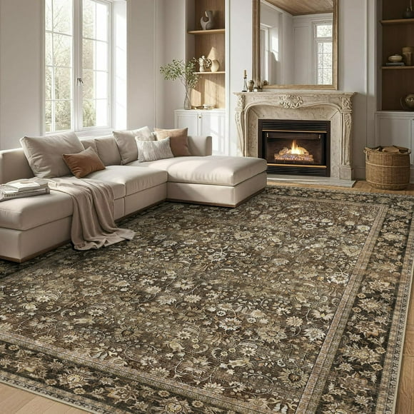 BERTHMEER 9'x12' Area Rugs Clearance for Living Room Bedroom Office Dining Room Farmhouse Large Vintage Oriental Non Slip Traditional Rugs Carpets, Brown