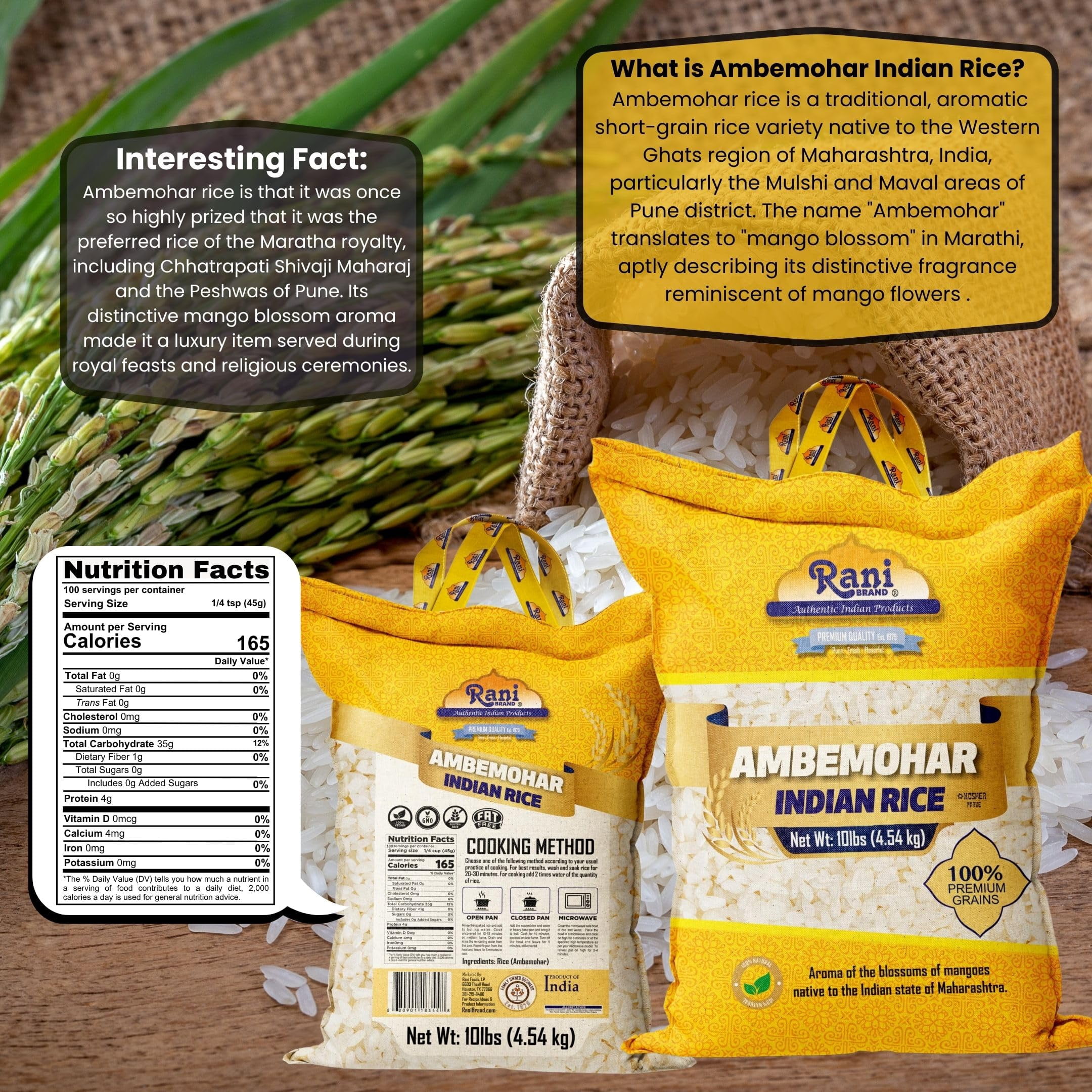 Rani Ambemohar Indian Rice 160oz (10lbs) 4.54kg Cloth Bag ~ All Natural | Gluten Friendly | Vegan | Kosher | Export Quality | Indian Origin
