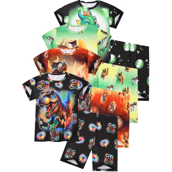 QEFJNO 3-10Y Kids Boys Pajamas Set 2 PCS Short Sleeve Top and Shorts Pants for Toddler Boys Dinosaur Pjs Summer