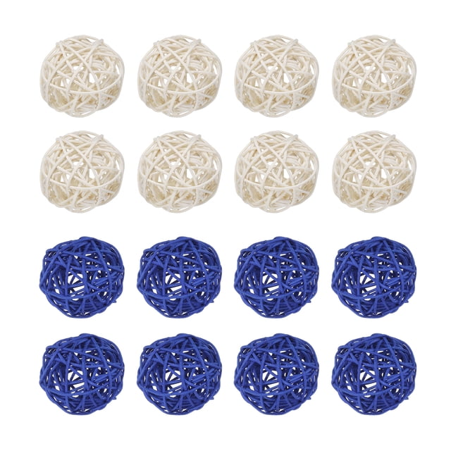 Unique Bargains Set of 16 Pcs Wicker Rattan Balls 2 Inch Rattan Decorative Balls for Vase Fillers Home Decor Deep Blue,White