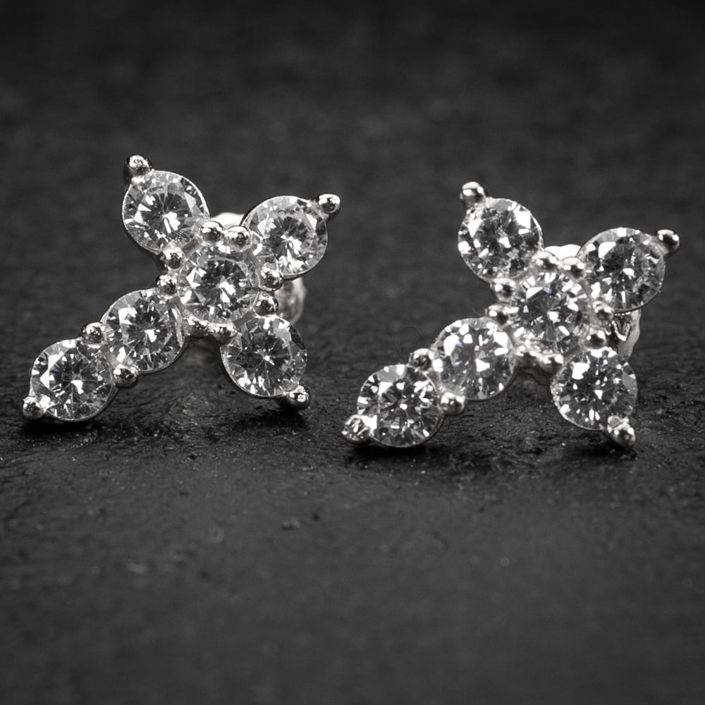 Small Solitaire Prong Set Iced 5A Cz Hip Hop White Gold Plated 925 Sterling Silver Screw Back Post Crucifix Gothic Cross Stud Earrings