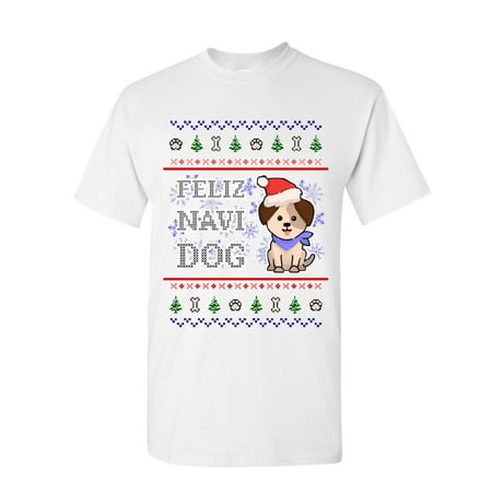Tee Hunt Feliz Navi Dog Ugly Sweater T-Shirt Christmas Xmas Pet Paws Pup Mens Shirt, White, Large