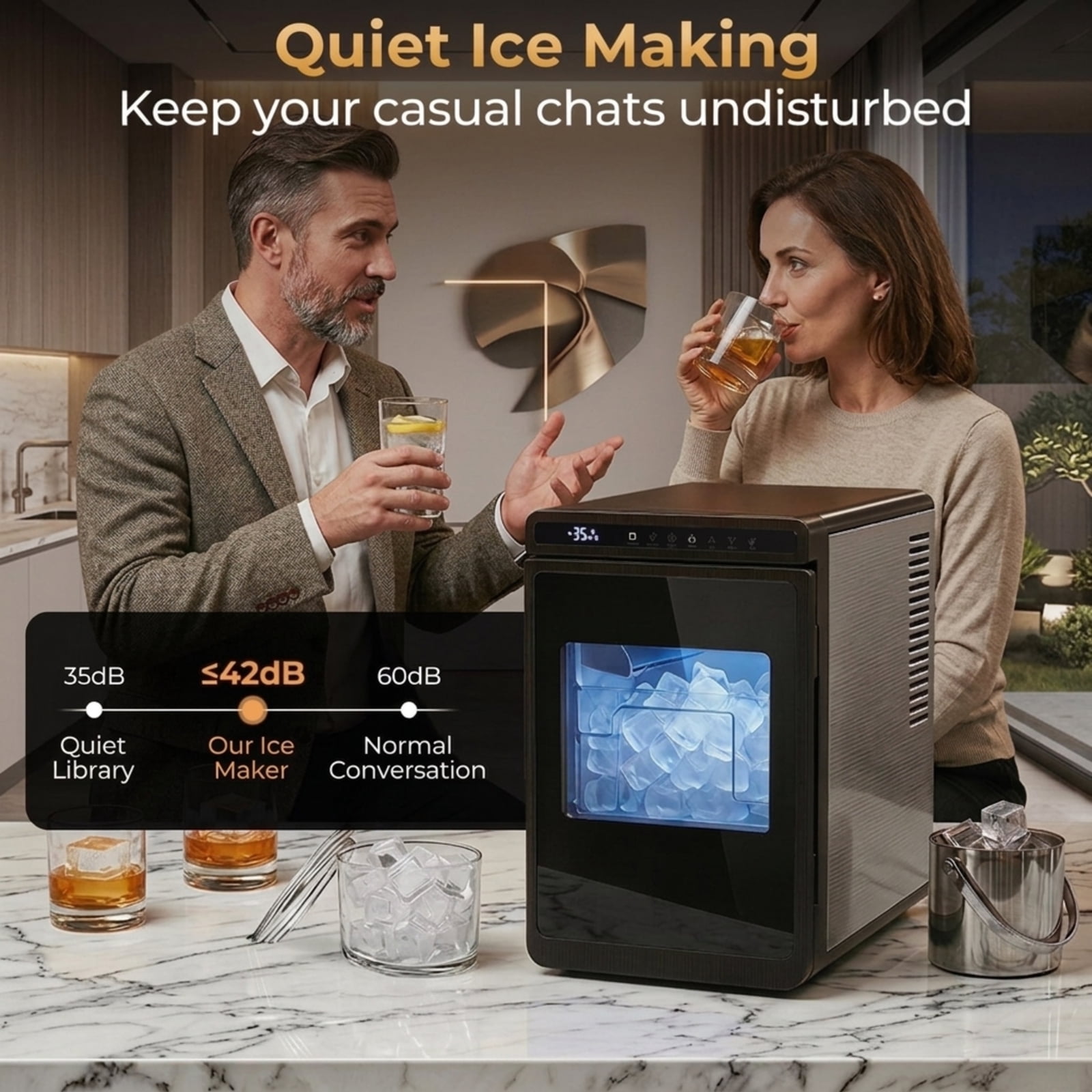 RUIE Clear Ice Cube Maker Countertop, 1.6 Inch Large Square Ice Machine 26 lbs/Day Self-Cleaning for Home Bar Kitchen Office, Silver