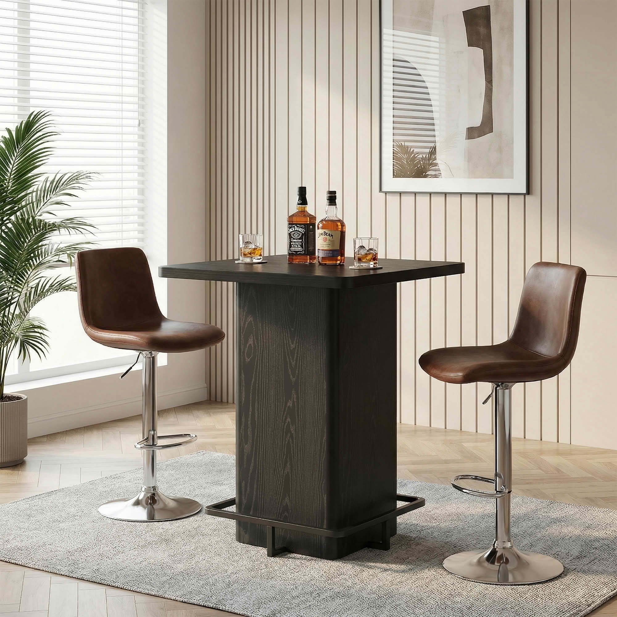 MAYEERTY 31.5" Minimalist Square Bar Table, Dark Wood-Grain MDF Top with Sturdy Pedestal & Metal Footrest, Compact 2-4 Person Home Pub Table