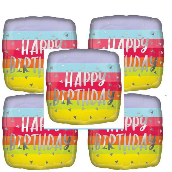 5 PACK 17" Bright and Bold Birthday Square Foil Balloon