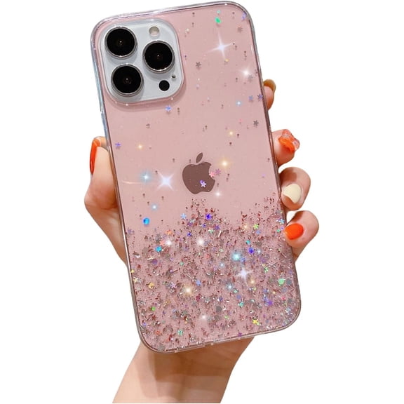 Star Drip Glitter Sequins Phone Case, Clear Phone Case, Glitter Pink Sequins, Ladies' Favourite for iPhone 15 14 13 12 11 Pro Max Mini XS XR 7 8 6 Phone Case (Pink,iPhone 12 Pro Max)