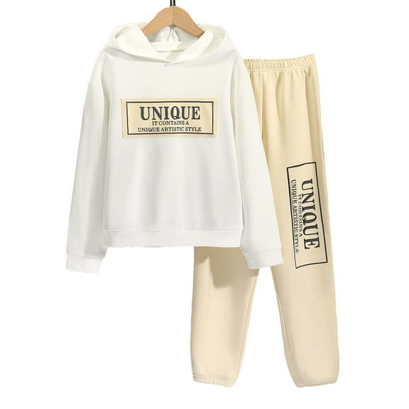KIMI BEAR Big Girls Outfits 9T Big Girl Fall Winter Outfits Big Girl Letter Prints Long Sleeve Causal Hoodie Sweatshirt Pants 2PCS Set White 9 Years