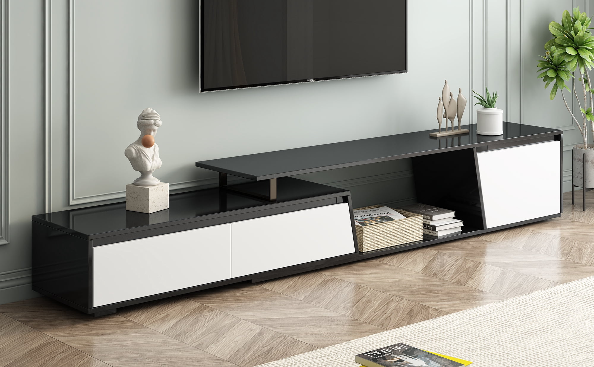 Euroco Modern Minimalist Rectangle Extendable TV Stand, TV Cabinet with 2 Drawers and 1 Cabinet for Living Room, Fits TVs Up to 100''