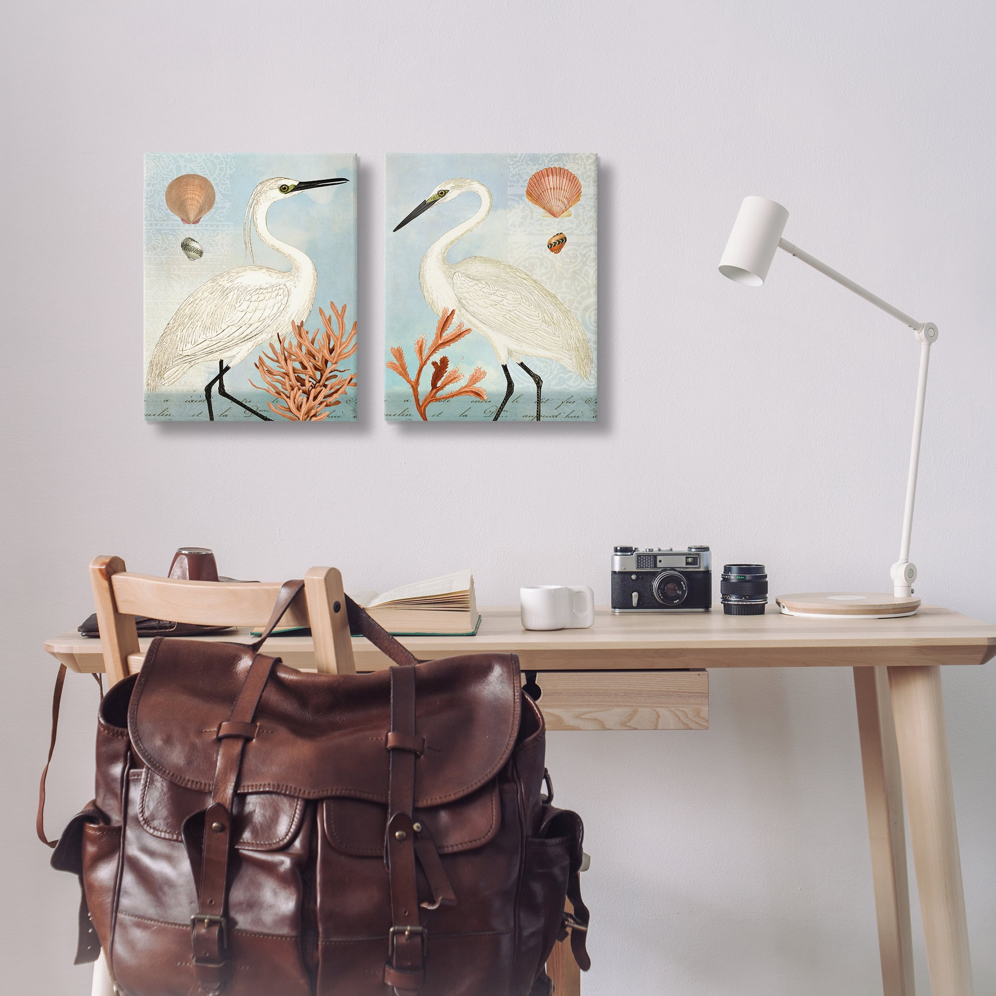Stupell Industries Beach Items Shell Heron Egret Animals Painting Wrapped Canvas Art Print Wall Art, 16 x 20, Set of 2