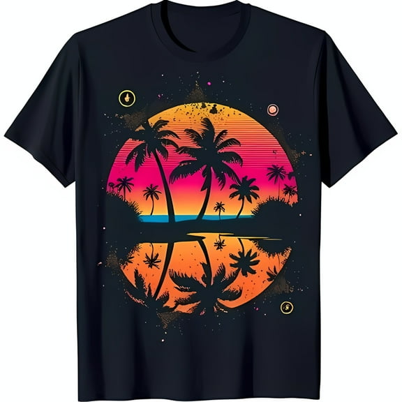 Vibrant Sunset Trees T-Shirt Black Tee with Colorful Reflection Design