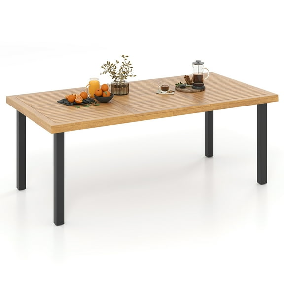 Topbuy Acacia Wood Dining Table for 8 People, 79" Large Rectangular Patio Table with Built-in Umbrella Hole