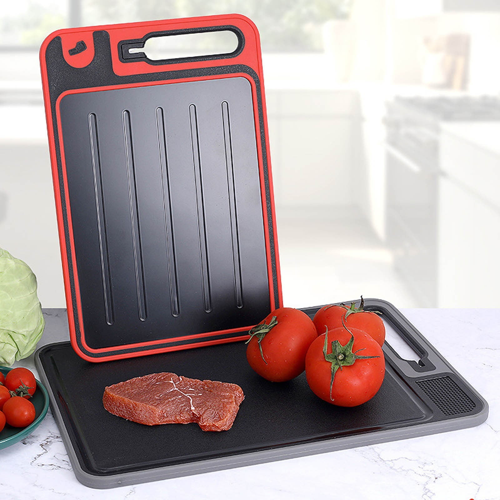 4-in-1 Defrosting Tray & Cutting Board, Stainless Steel Fast Thawing Mat, Multi-Functional Kitchen Prep Board, For Meat Veggies(Black)