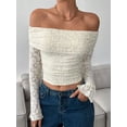 thumbnail image 4 of Women'S Lace Trim Off Shouder Top Long Sleeve Double Lined Y2k Trendy T-Shirts Cream White XXL, 4 of 7