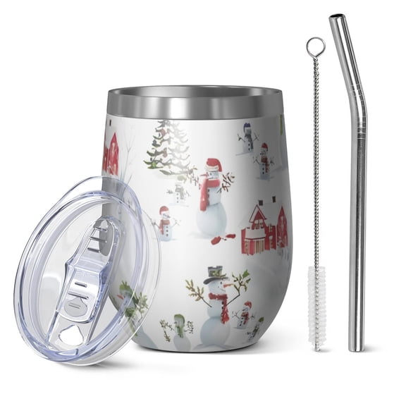 12oz Stemless Wine Tumblers White Christmas Snowman Pattern Vacuum Insulated Stainless Steel Travel Tumbler Cups Mug with Lid and Straw for Champaign,Cocktail,Beer with Cleaning Brush