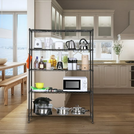 Extra Large Wood Rack - LANGRIA 5-Tier Organisational Storage Rack Shelving, Heavy Duty Extra Large Garage Kitchen Wire Shelving Unit, Black