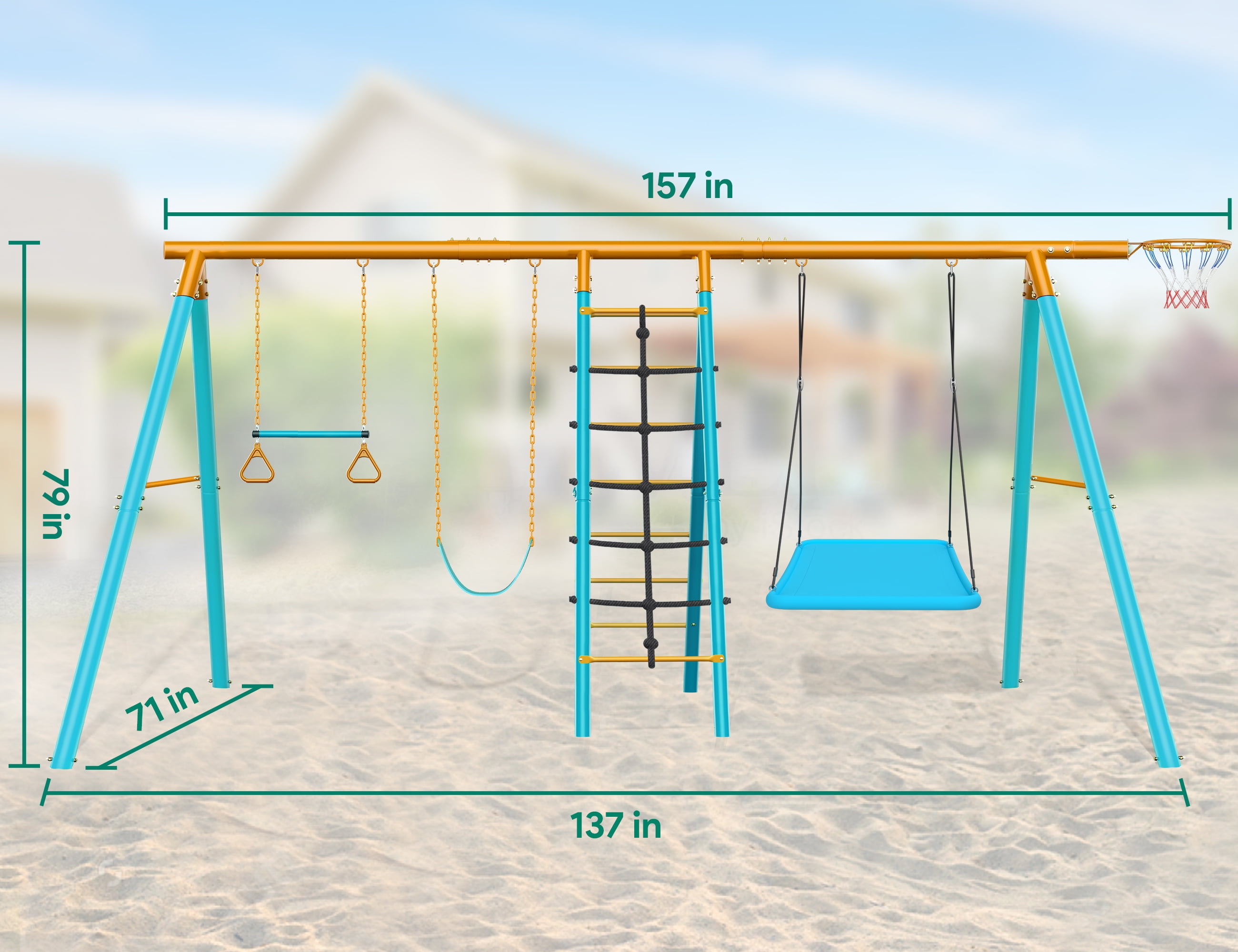 Swing Sets for Outdoor, 6 in 1 Heavy-Duty Metal Swing Sets, Kids Swing Sets for Backyard with 2 Swings,Trapeze Bar and Basketball Hoop for Aged 3-12