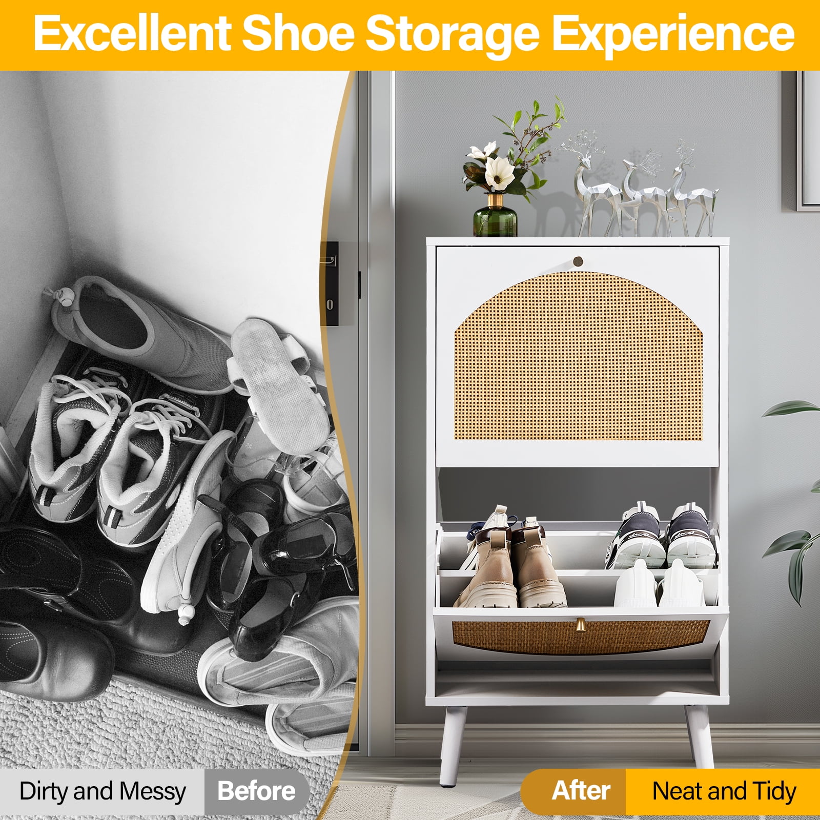 UBesGoo 2-Drawer 4-Tier Rattan Shoe Storage Cabinet, Shoe Rack