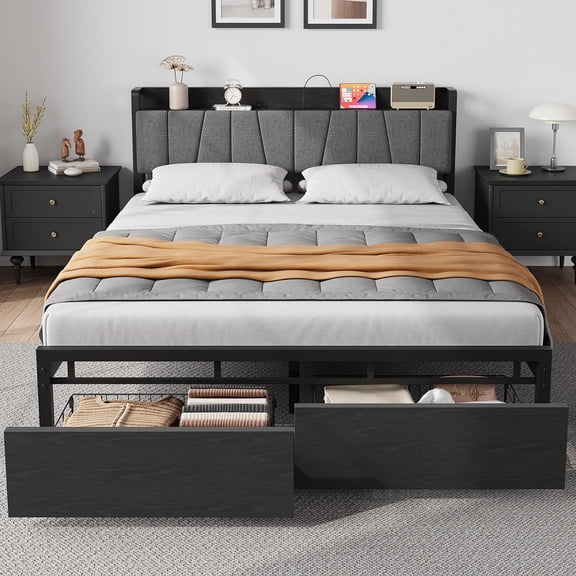 Queen Size Bed Frame with Storage Headboard, Black Queen Platform Bed with 2 Large Drawers and Charging Station, No Box Spring Needed Bedframe