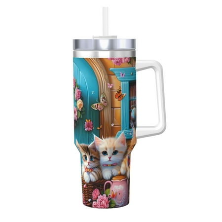

Gaeub Whimsical Cats and Flowers Scene Print Stainless Steel Hot/Cold Coffee Cup 40oz Ice Bully Cup With Handle And Straw Travel Coffee Cup