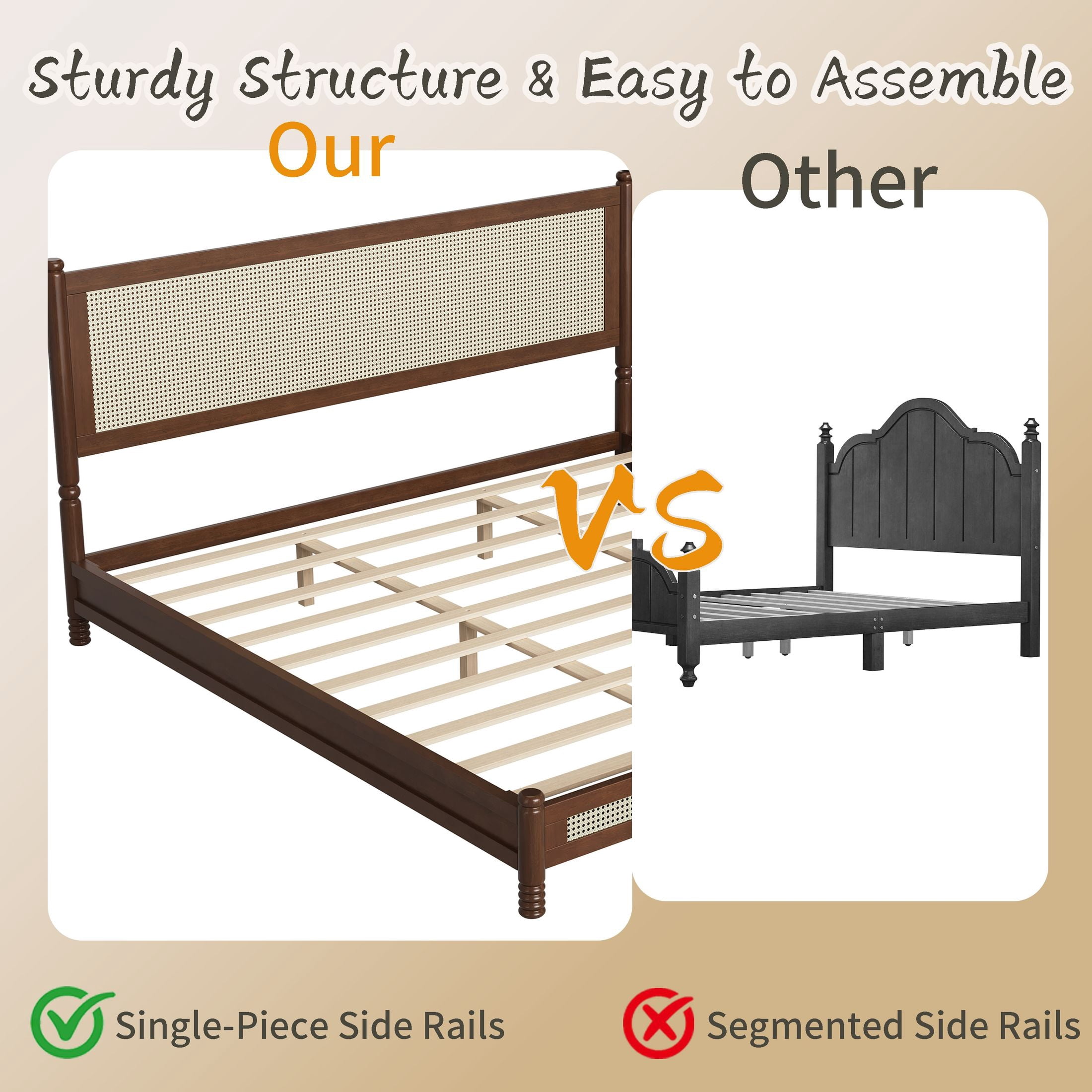GDF Studio Annes King Size Boho Rattan Platform Bed Frame with Turned Legs, Woven Cane Pine Wood Bed Frame, Walnut