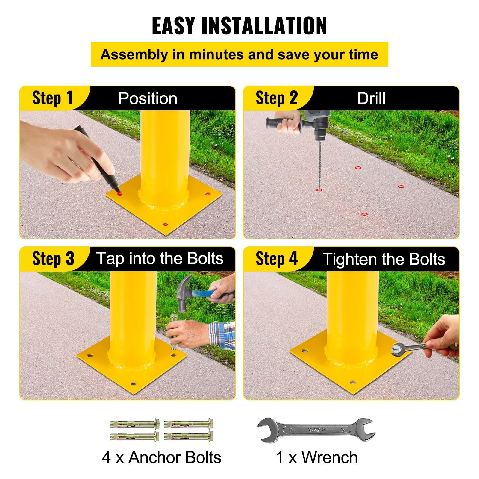 Safety Bollard 42"x4.5" Safety Barrier Bollard 4-1/2" OD 42" Height Yellow Powder Coat Pipe Steel Safety Barrier with 4 Free Anchor Bolts for Traffic-Sensitive Area