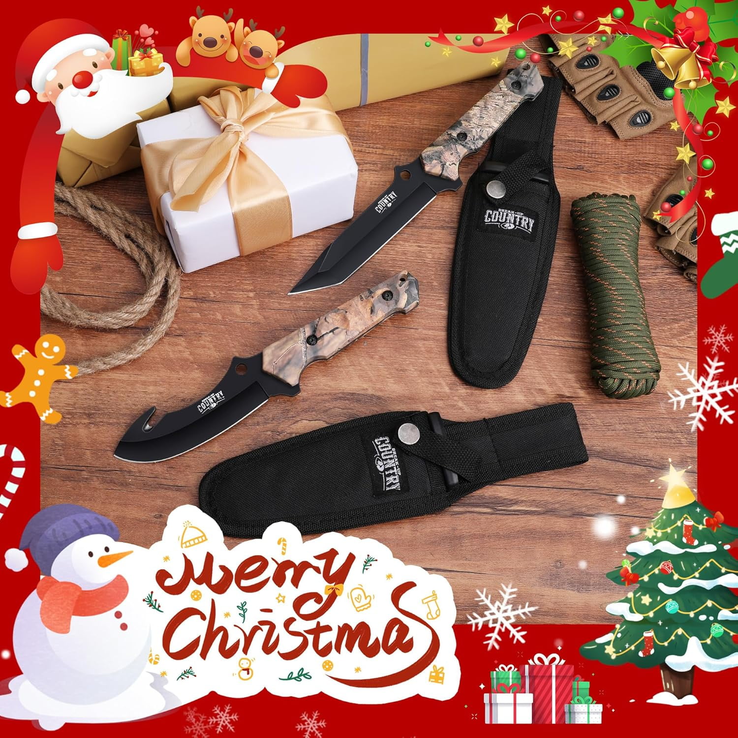 Fixed Blade Hunting Knife Set - 2 Piece, Full Tang Handle Straight Edge and Gut Hook Blades Game Processing Knife, Sheath Included - Yellow Camo