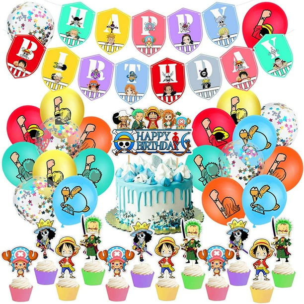 34pcs One Piece Birthday Party Supplies One Piece Birthday Party Decorations Straw Hat Pirates Happy Birthday Banner Latex Balloon One Piece Cupcake Toppers Set Anime Party Supplies For Kids And Boys