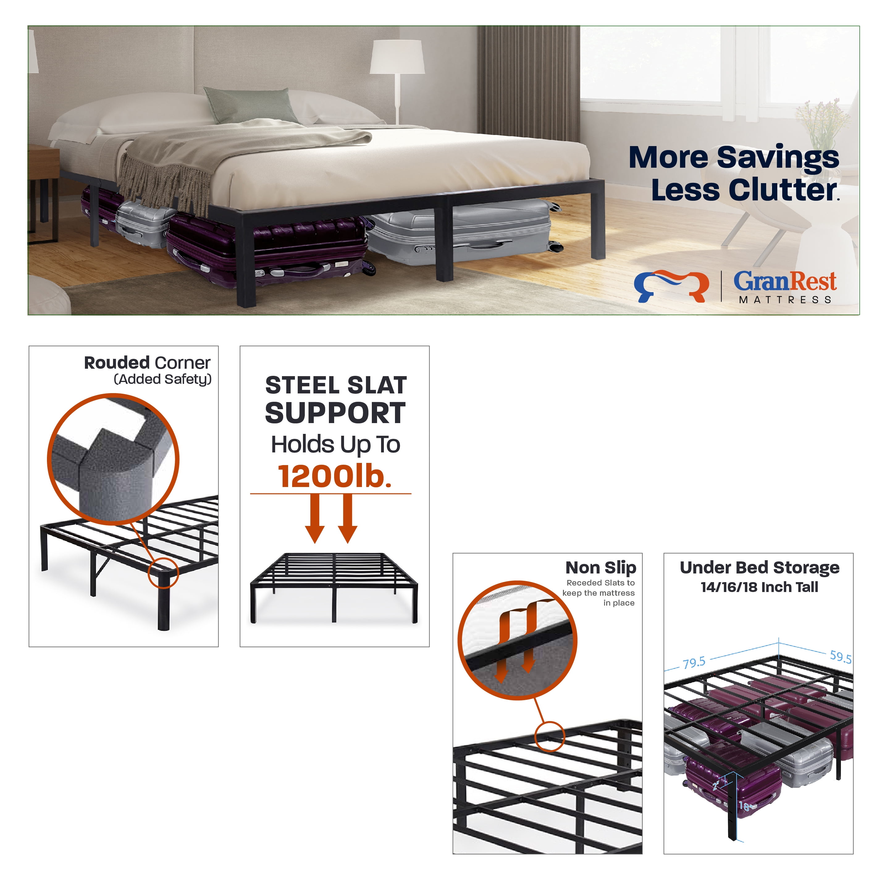 Queen Metal Bed Frame 18 Non Slip Black Rails Steel Mattress Queen Metal Bed Frame 18 Non Slip Black Rails Steel Mattress Foundation New