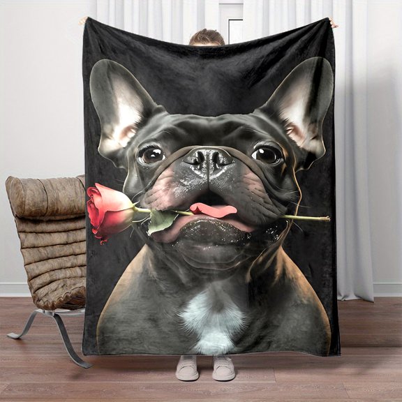 Reversible Cartoon French Bulldog with Rose Print Flannel Throw Blanket - Contemporary Style, All-Season, Mixed Color, Non-Woven Fabric, Digital Printing, Polyester - Universal Small Throw Blanket