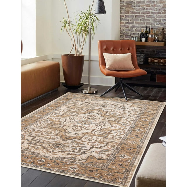 ECARPET Stassie traditional area rug featuring beige, brown, and gray geometric patterns on dark hardwood flooring in a contemporary living room.
