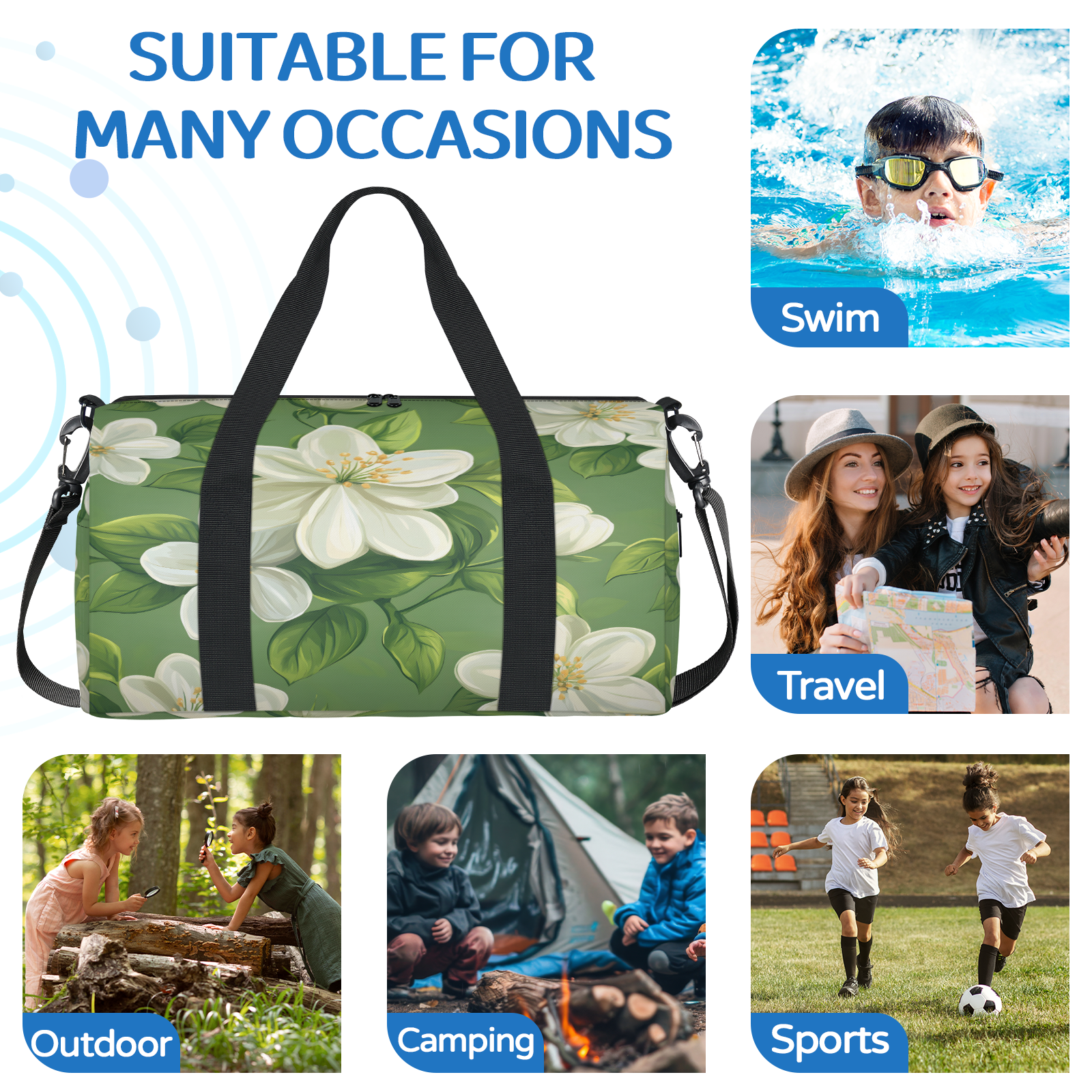 Herdesigns Sage Green Travel Duffle Bag Sports Yoga Weekender Overnight Carry on Workout Bags Lightweight Waterproof Gym Tote Bag for Women Floral
