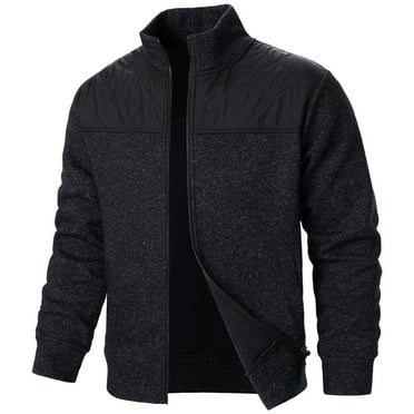 PiGOGI Coats for Men Winter Men's New Fall Splicing Knit Shirt Zipper Top Solid Color Cardigan Jacket Black