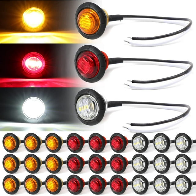 Paquete mixto de 3 luces LED de posición laterales redondas de 3/4 de pulgada, 10 ámbar, 10 rojas y 10 blancas, montaje empotrado para remolque, camión, barco, autobús, a prueba de golpes, 12 V CC