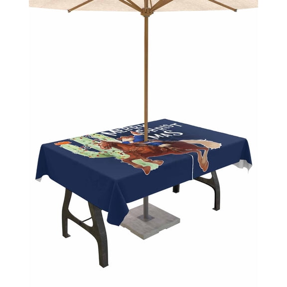 Fsddascl Navy Blue Cowboy Christmas Outdoor Tablecloth - 52x70 Inch Rectangle Dining Table Cover, Western Xmas Santa Cactus Waterproof Outdoor Table Cloth with Umbrella Hole & Zipper for Patio