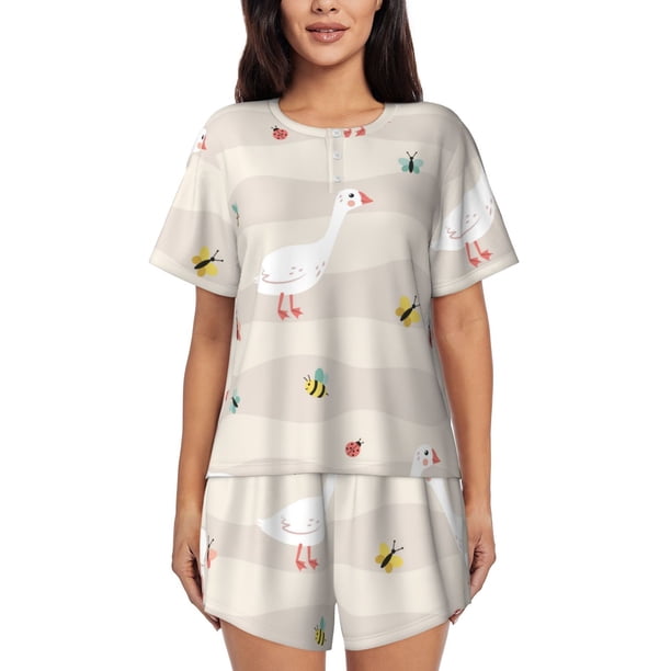 Balery Funny Goose1 Conjunto de Pijama para Mujer con Estampado, Dos Piezas de Manga Corta y Shorts, Ropa de Dormir Suave con Cuello Redondo y Bolsillos-Medium