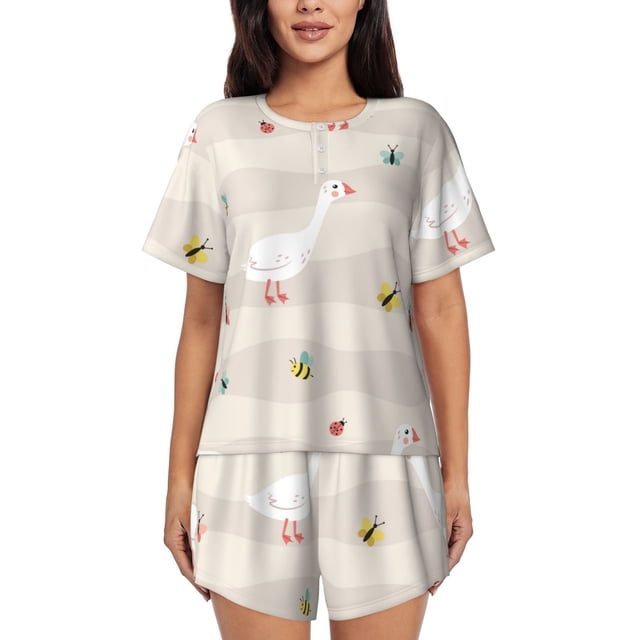 Balery Funny Goose1 Conjunto de Pijama para Mujer con Estampado, Dos Piezas de Manga Corta y Shorts, Ropa de Dormir Suave con Cuello Redondo y Bolsillos-4X-Large