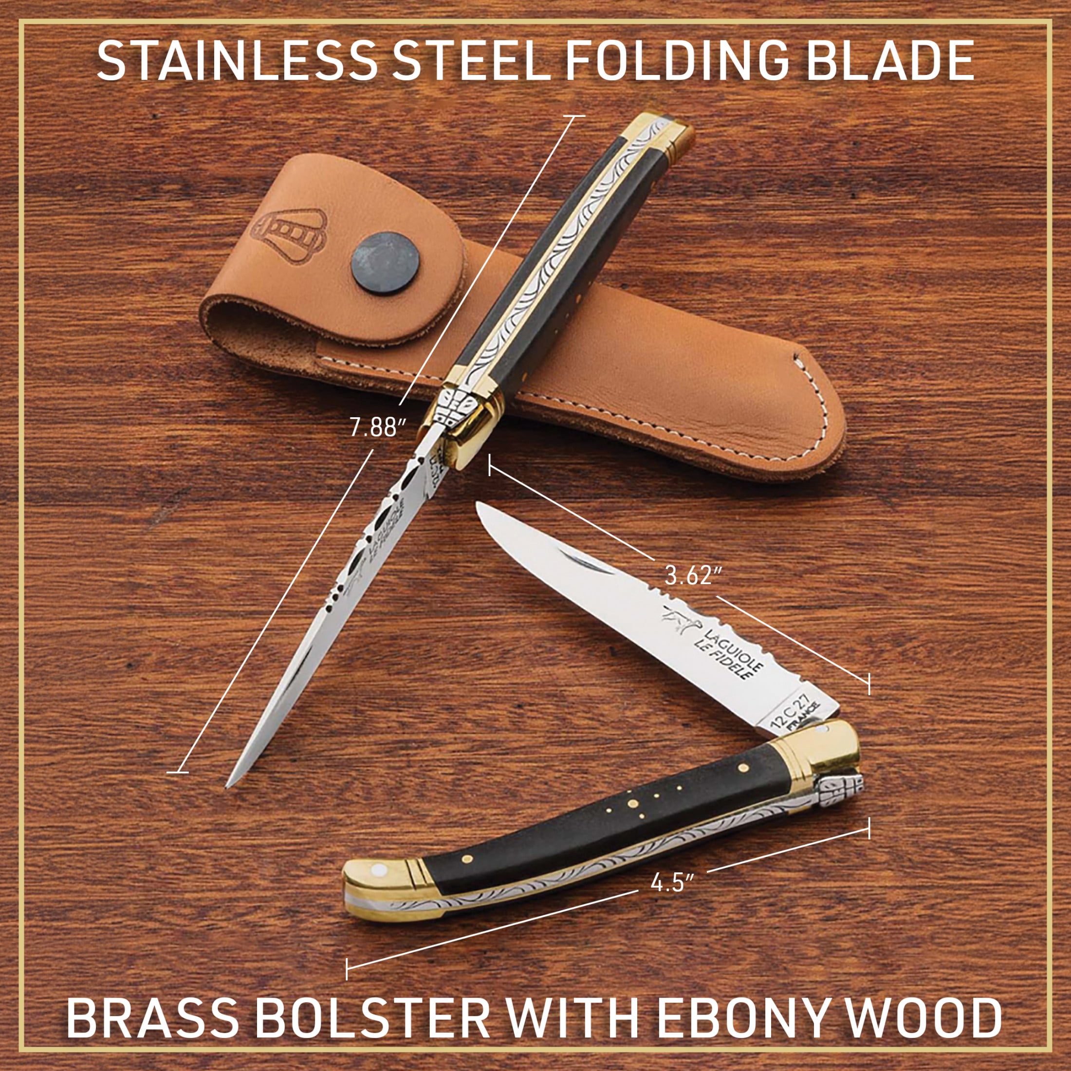 Kings County Tools 7.9” Stainless Steel Laguiole Le Fidele Pocket Knife with Leather Sheath