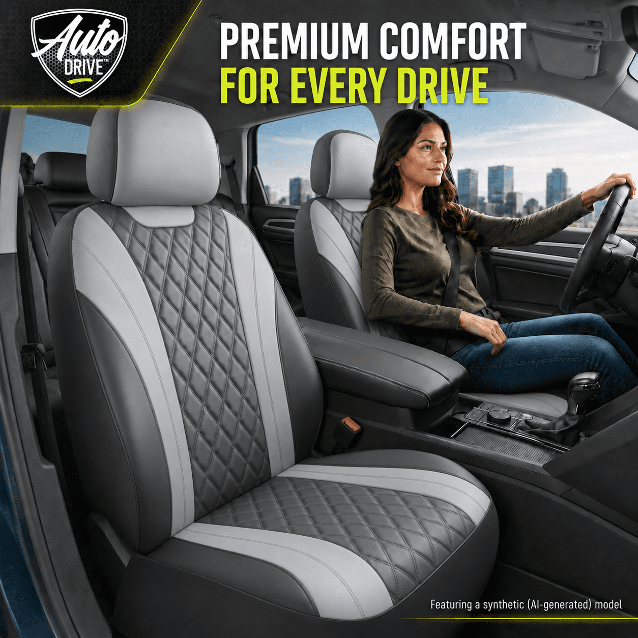 Auto Drive Car Seat Covers, Diamond Quilted Two-Tone Car Seat Covers Set, Universal Fit for Two Front Seats, Airbag Compatible for Cars, SUVs and Trucks Green Front Seat