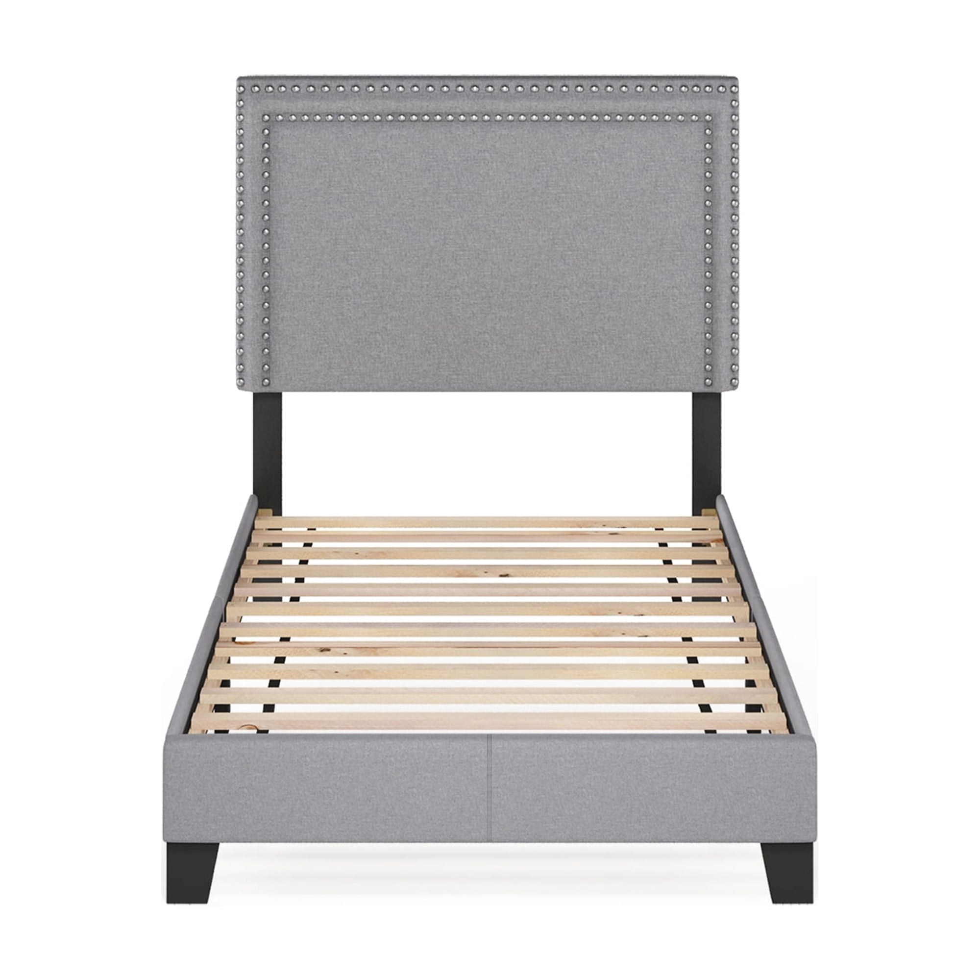 Furinno LAVAL Twin Upholstered Bed Frame with Double-Row Nailhead Headboard and 12-Piece Wooden Slat Support, Light Grey