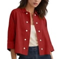 thumbnail image 2 of Women's Cotton Linen Button Down Shirts Casual 3/4 Sleeve Double-Breasted Collared Work Blouses Lightweight Cardigan Red 2XL, 2 of 7